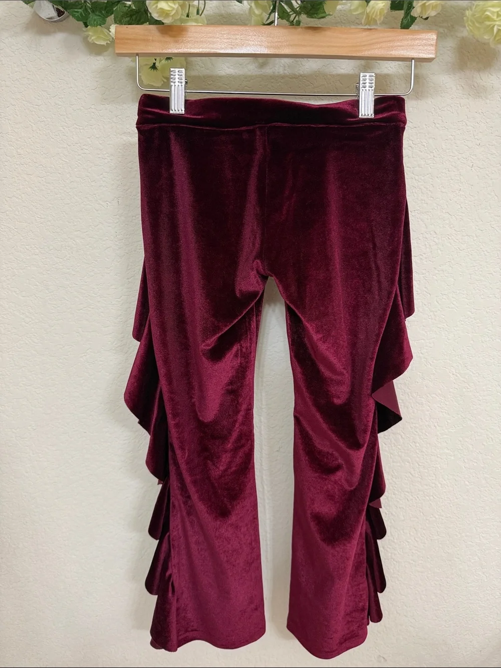 Joyfolie • Burgundy Velvet Ruffle Wide-Leg Pants